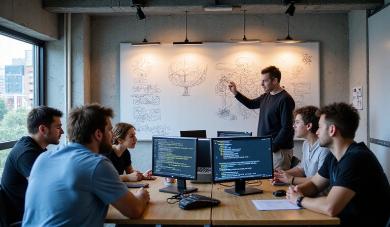 Diseñadores y desarrolladores trabajando en un prototipo de juego móvil en una oficina creativa, mostrando bocetos y pantallas de código.