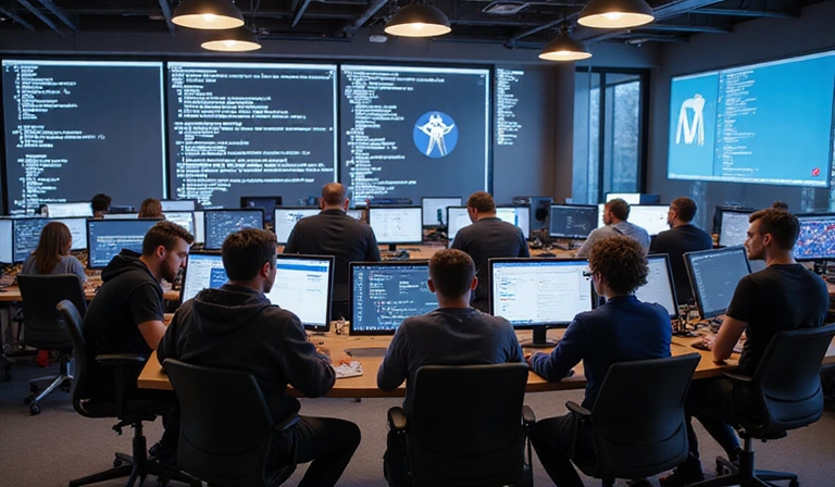 Equipo de desarrollo de videojuegos trabajando en una oficina moderna.