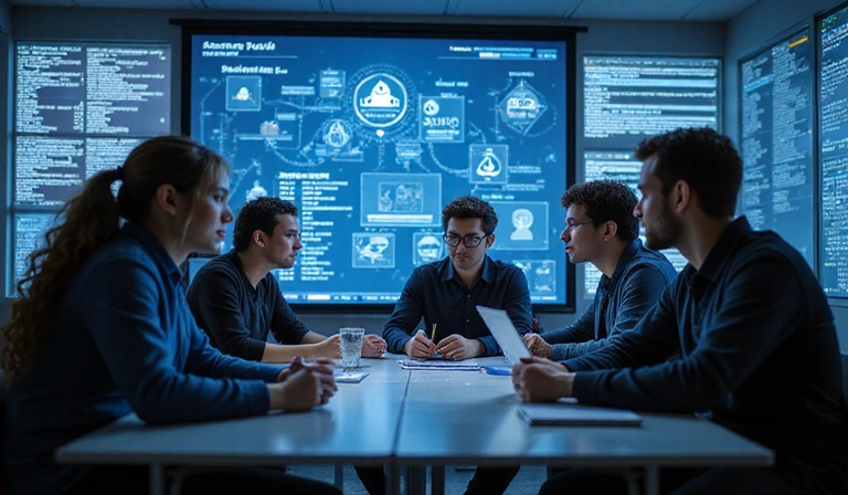 Ilustración de un equipo trabajando juntos en un proyecto de desarrollo de juegos móviles, con elementos de seguridad de datos.