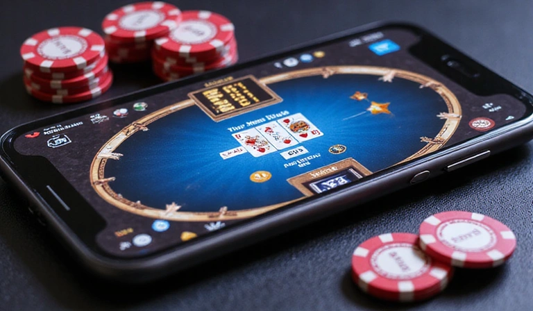Mesa de juego de casino móvil con fichas y cartas, mostrando una interfaz de usuario limpia y atractiva.