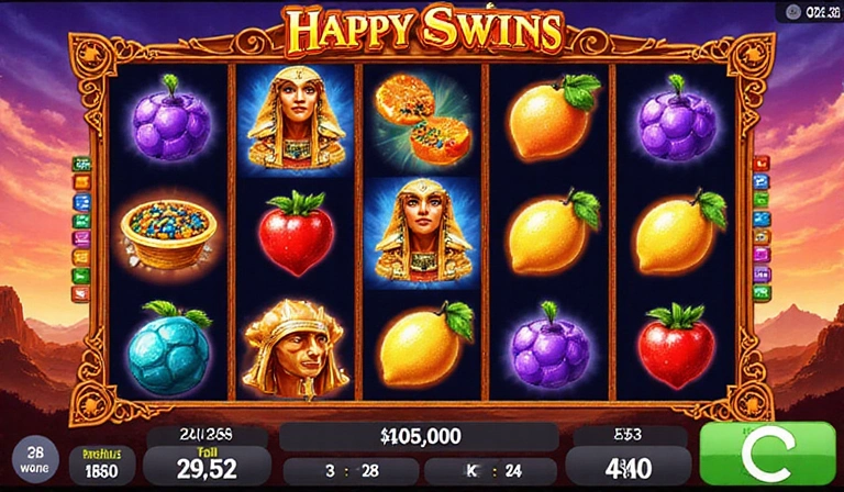 Pantalla de un juego de tragamonedas móvil con símbolos brillantes, carretes giratorios y una interfaz de bonificación atractiva.